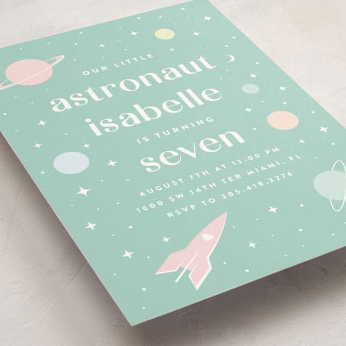 This is a mint kids birthday invitations with standard by Maria Alou called little retro astronaut printing on signature in standard