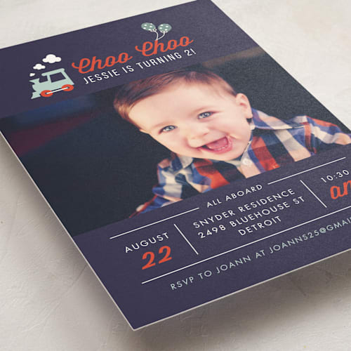 This is a denim kids birthday invitations with standard by Corinne Malesic called party train printing on signature in standard