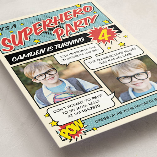 This is a steel kids birthday invitations with standard by Nam Bourassa called superhero birthday party printing on signature in standard