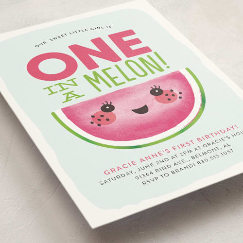 This is a watermelon kids birthday invitations with standard by Itsy Belle Studio called one in a melon printing on signature in standard