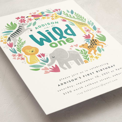 This is a fuchsia kids birthday invitations with standard by Jessie Steury called jungle fun printing on signature in standard
