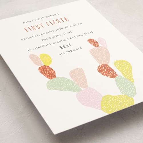 This is a multi bright kids birthday invitations with standard by Julie Murray called first fiesta printing on signature in standard