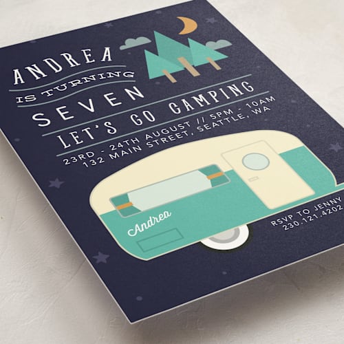 This is a midnight kids birthday invitations with standard by Hudson meet Rose called retro camper printing on signature in standard