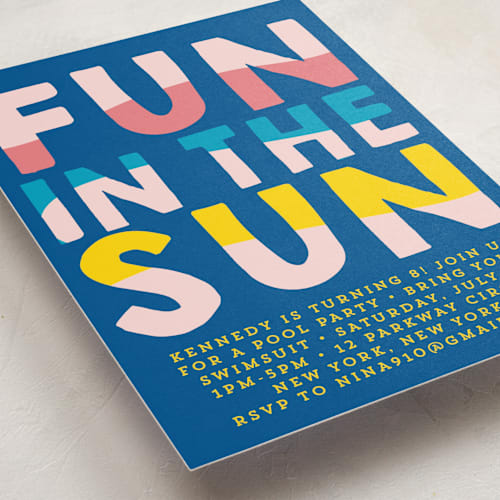 This is a carribean kids birthday invitations with standard by Baumbirdy called fun sun printing on signature in standard
