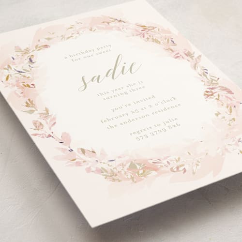 This is a blush kids birthday invitations with standard by Phrosné Barwood called kiddies crown printing on signature in standard