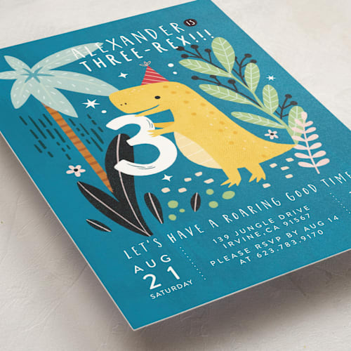 This is a jungle kids birthday invitations with standard by Cindy Chu called three-rex printing on signature in standard