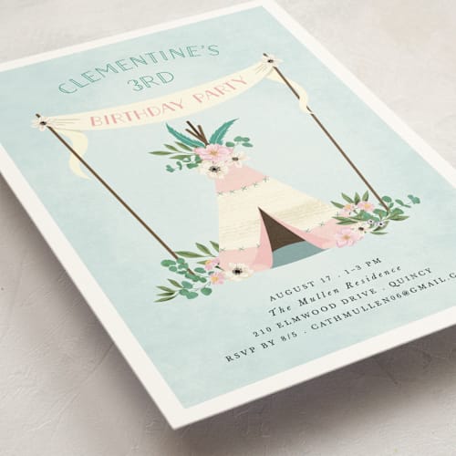This is a ballet slipper kids birthday invitations with standard by Paula Pecevich called boho teepee printing on signature in standard