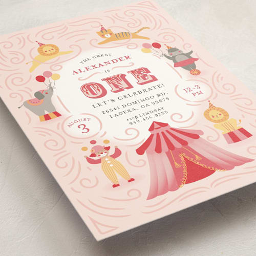 This is a bubble gum kids birthday invitations with standard by Joanna Griffin called step right up printing on signature in standard