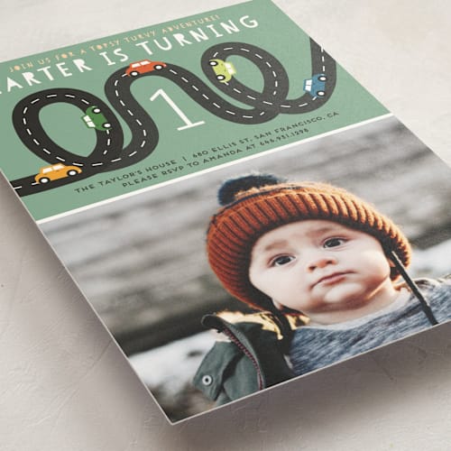 This is a grass kids birthday invitations with standard by Jennifer Lew called little racer printing on signature in standard