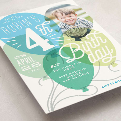 This is a azure kids birthday invitations with standard by Alethea and Ruth called balloon party printing on signature in standard