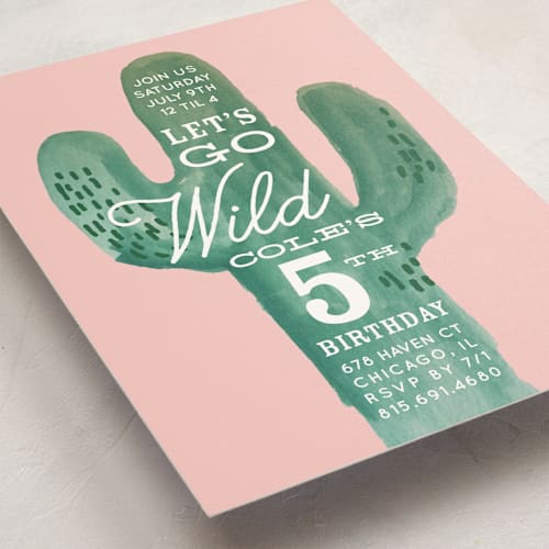This is a blush kids birthday invitations with standard by Baumbirdy called wild cactus printing on signature in standard