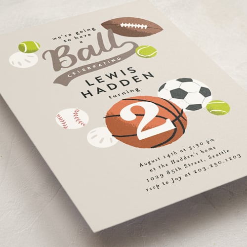 This is a fudge kids birthday invitations with standard by Alethea and Ruth called have a ball printing on signature in standard