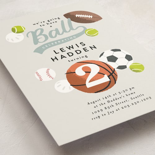 This is a fir kids birthday invitations with standard by Alethea and Ruth called have a ball printing on signature in standard