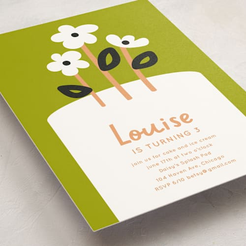 This is a lime kids birthday invitations with standard by Baumbirdy called flower cake printing on signature in standard
