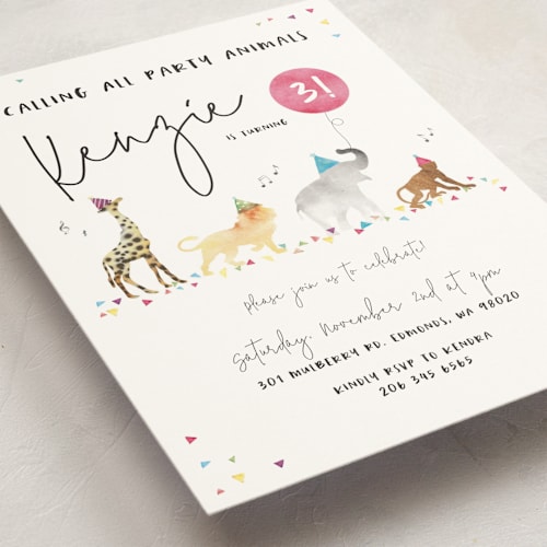 This is a gumdrops kids birthday invitations with standard by Maggie Maeve called party animals marching to the music printing on signature in standard
