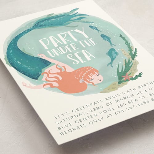 This is a azure kids birthday invitations with standard by Grae called little mermaid printing on signature in standard