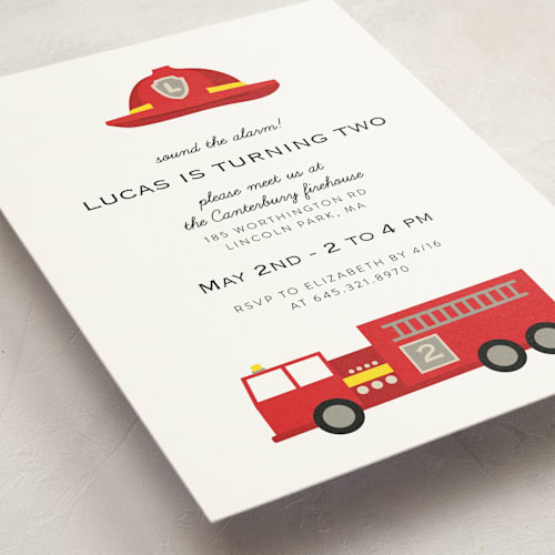 This is a firetruck kids birthday invitations with standard by Julee London called firehouse printing on signature in standard