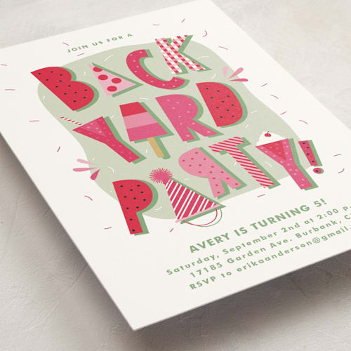 This is a watermelon kids birthday invitations with standard by Tatiana Nogueiras called backyard party printing on signature in standard