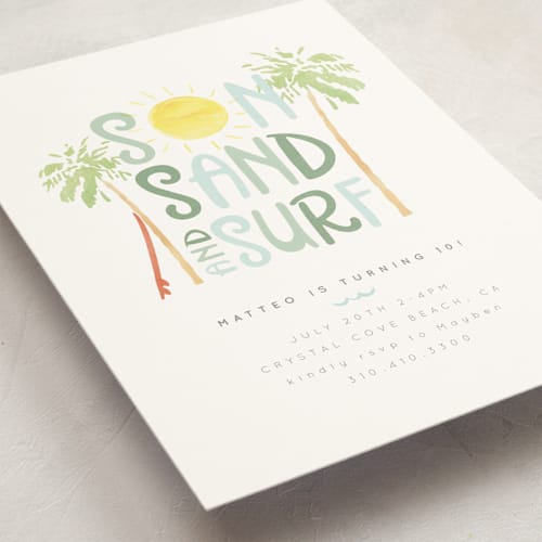 This is a oceanside kids birthday invitations with standard by Maggie Maeve called sun sand and surf printing on signature in standard