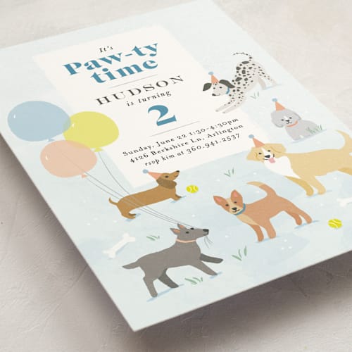 This is a sky kids birthday invitations with standard by Karidy Walker called pawty time printing on signature in standard
