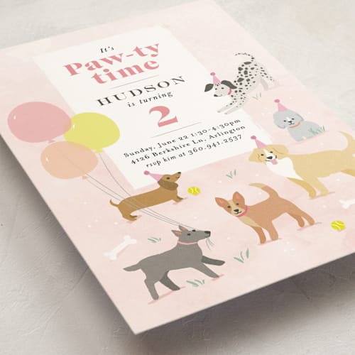 This is a blush kids birthday invitations with standard by Karidy Walker called pawty time printing on signature in standard