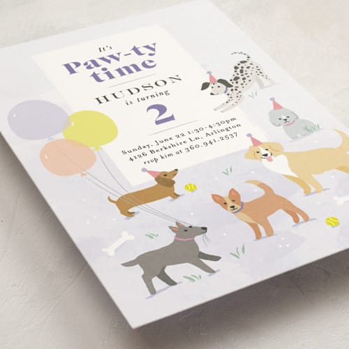 This is a grape kids birthday invitations with standard by Karidy Walker called pawty time printing on signature in standard