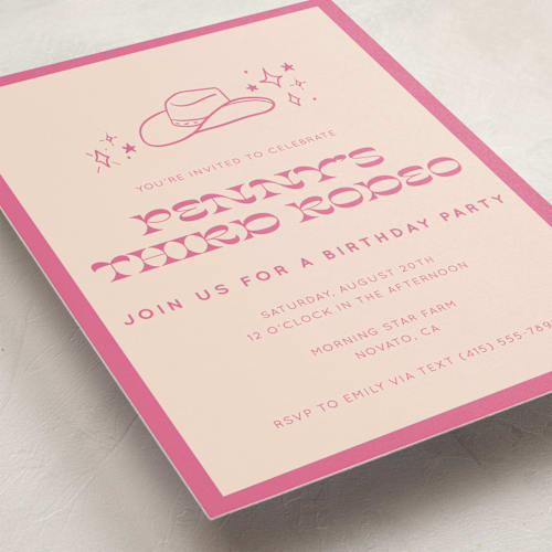 This is a peony kids birthday invitations with standard by Rachel Cassel called cowgirl sweet sixteen printing on signature in standard