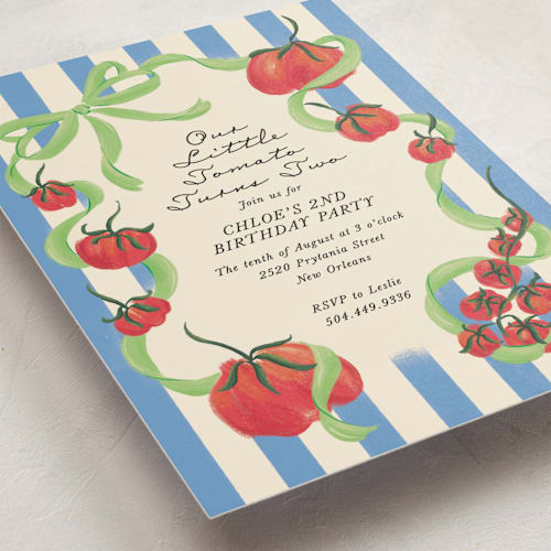 This is a lime kids birthday invitations with standard by Jackie Crawford called petit pomodoro printing on signature in standard