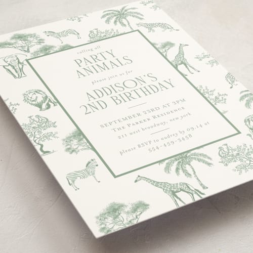 This is a palm kids birthday invitations with standard by Jenna Holcomb called safari toile printing on signature in standard