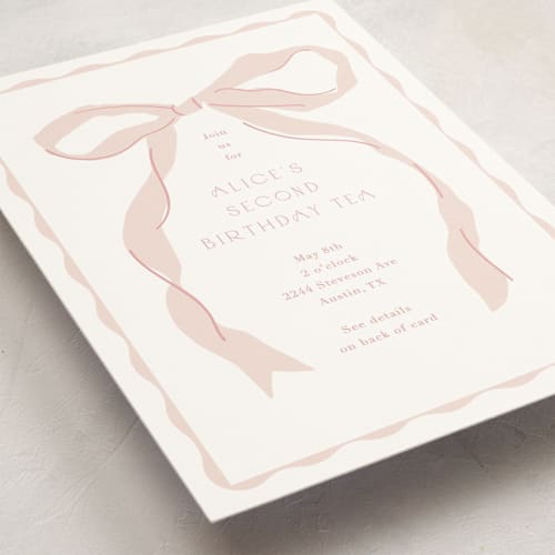This is a blush kids birthday invitations with standard by Baumbirdy called fframed bow printing on signature in standard