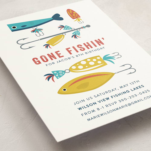 This is a ocean kids birthday invitations with standard by Bethany Anderson called gone fishin' printing on signature in standard