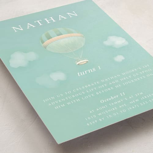 This is a minted sky kids birthday invitations with standard by Melissa Agular called first lift off printing on signature in standard
