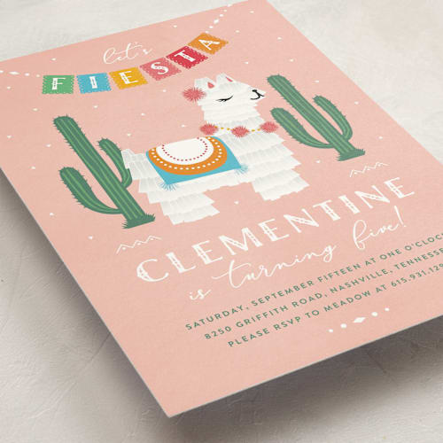 This is a strawberry kids birthday invitations with standard by Jennifer Lew called llama piñata printing on signature in standard