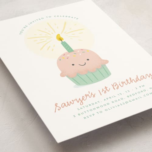 This is a strawberry kids birthday invitations with standard by Annie Holmquist called cupcake cutie printing on signature in standard