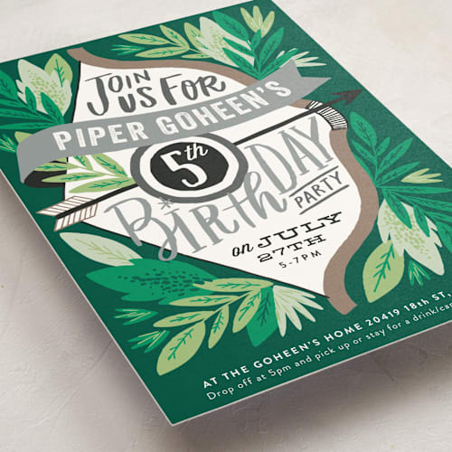 This is a evergreen kids birthday invitations with standard by Alethea and Ruth called bow and arrow printing on signature in standard
