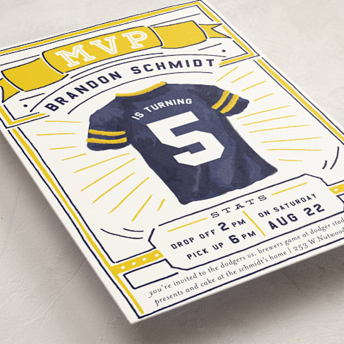 This is a school bus kids birthday invitations with standard by Shiny Penny Studio called mvp collectors card printing on signature in standard