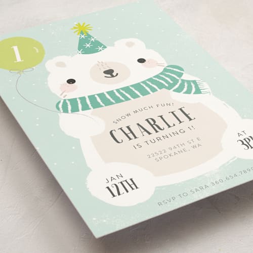 This is a aqua green kids birthday invitations with standard by Itsy Belle Studio called polar party printing on signature in standard