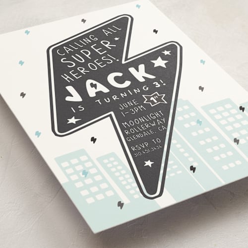 This is a captain kids birthday invitations with standard by Maggie Maeve called calling all superheroes printing on signature in standard
