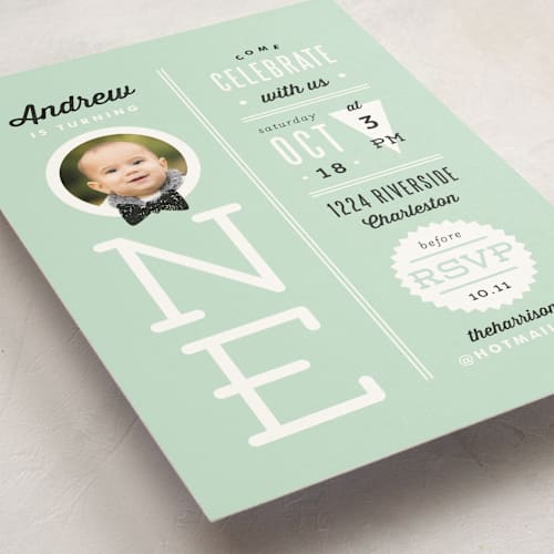 This is a mint kids birthday invitations with standard by Lauren Chism called one little man printing on signature in standard