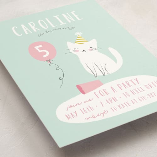 This is a spearmint kids birthday invitations with standard by Angela Thompson called party cat printing on signature in standard