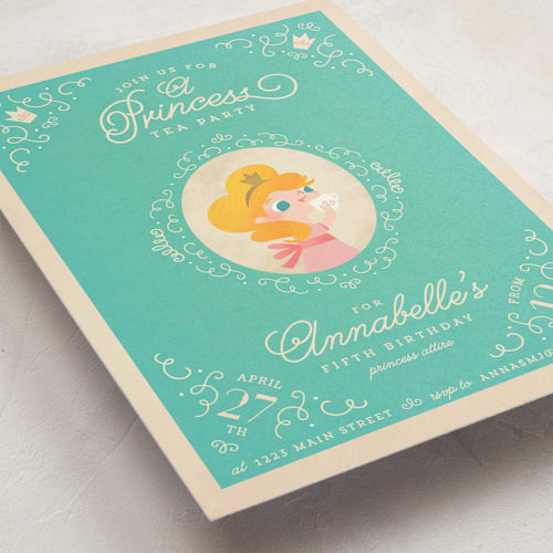 This is a turquoise kids birthday invitations with standard by Lori Wemple called princess tea printing on signature in standard