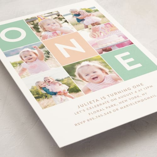 This is a seafoam kids birthday invitations with standard by Joanne James called simply one printing on signature in standard