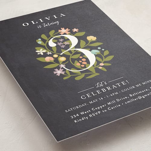 This is a chalkboard kids birthday invitations with standard by Jennifer Wick called climbing roses printing on signature in standard