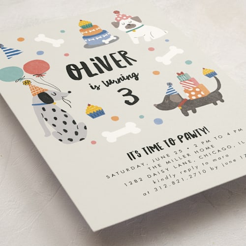 This is a classic kids birthday invitations with standard by Lehan Veenker called party puppers printing on signature in standard