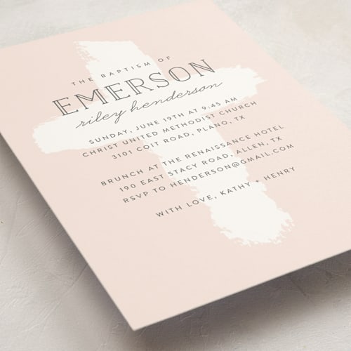 This is a bloom confirmation invitations cards with standard by Susan Asbill called brushed cross printing on signature in standard