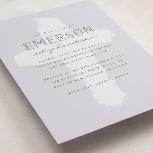 This is a lilac confirmation invitations cards with standard by Susan Asbill called brushed cross printing on signature in standard