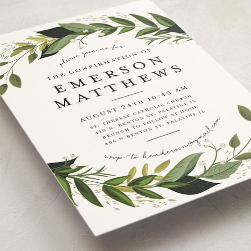 This is a fern confirmation invitations cards with standard by Susan Moyal called vines of green printing on signature in standard