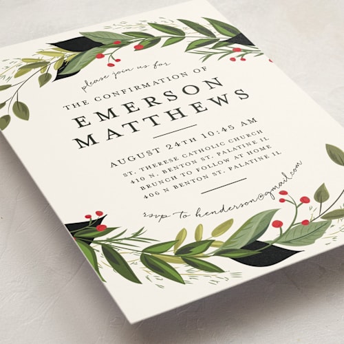This is a crimson confirmation invitations cards with standard by Susan Moyal called vines of green printing on signature in standard