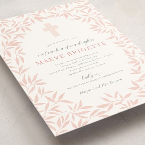This is a blush confirmation invitations cards with standard by Paula Pecevich called blessed laurels printing on signature in standard