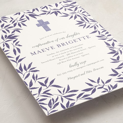 This is a grape confirmation invitations cards with standard by Paula Pecevich called blessed laurels printing on signature in standard